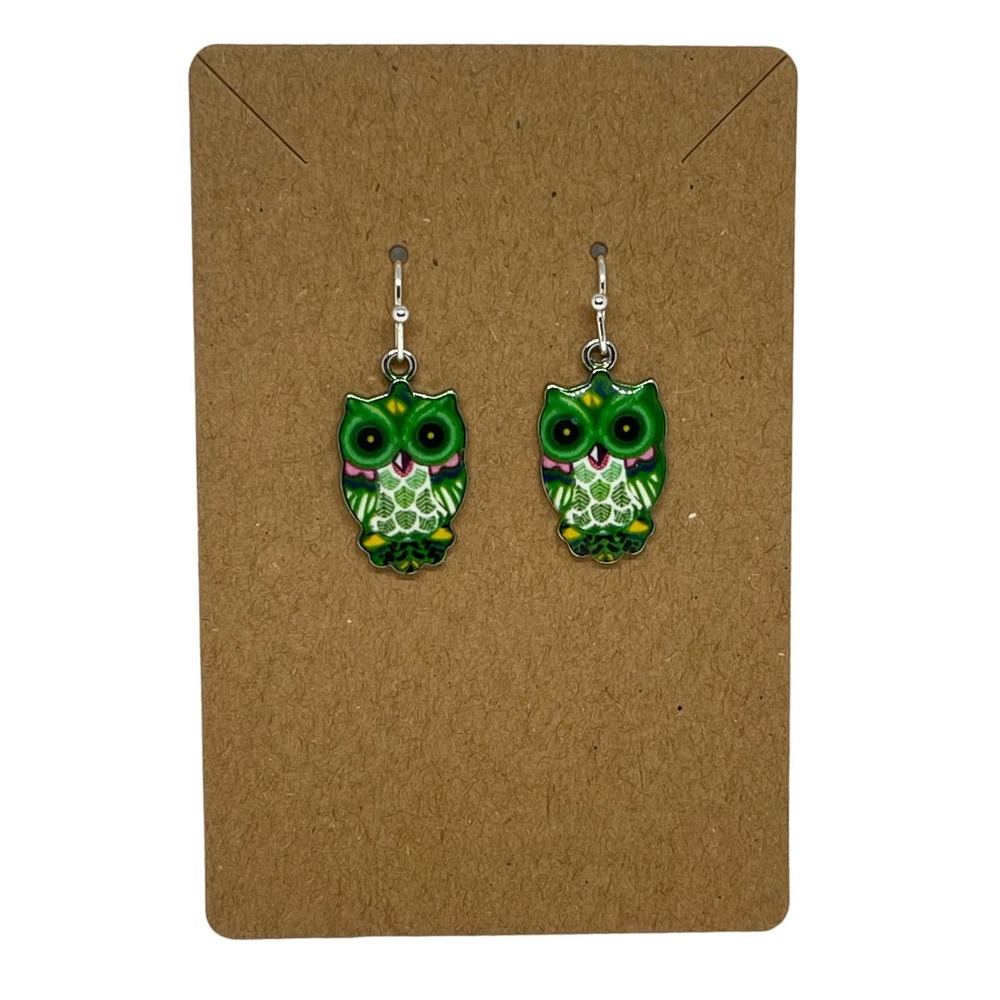 Owl Earrings Green Dangle Resin - Hypoallergenic